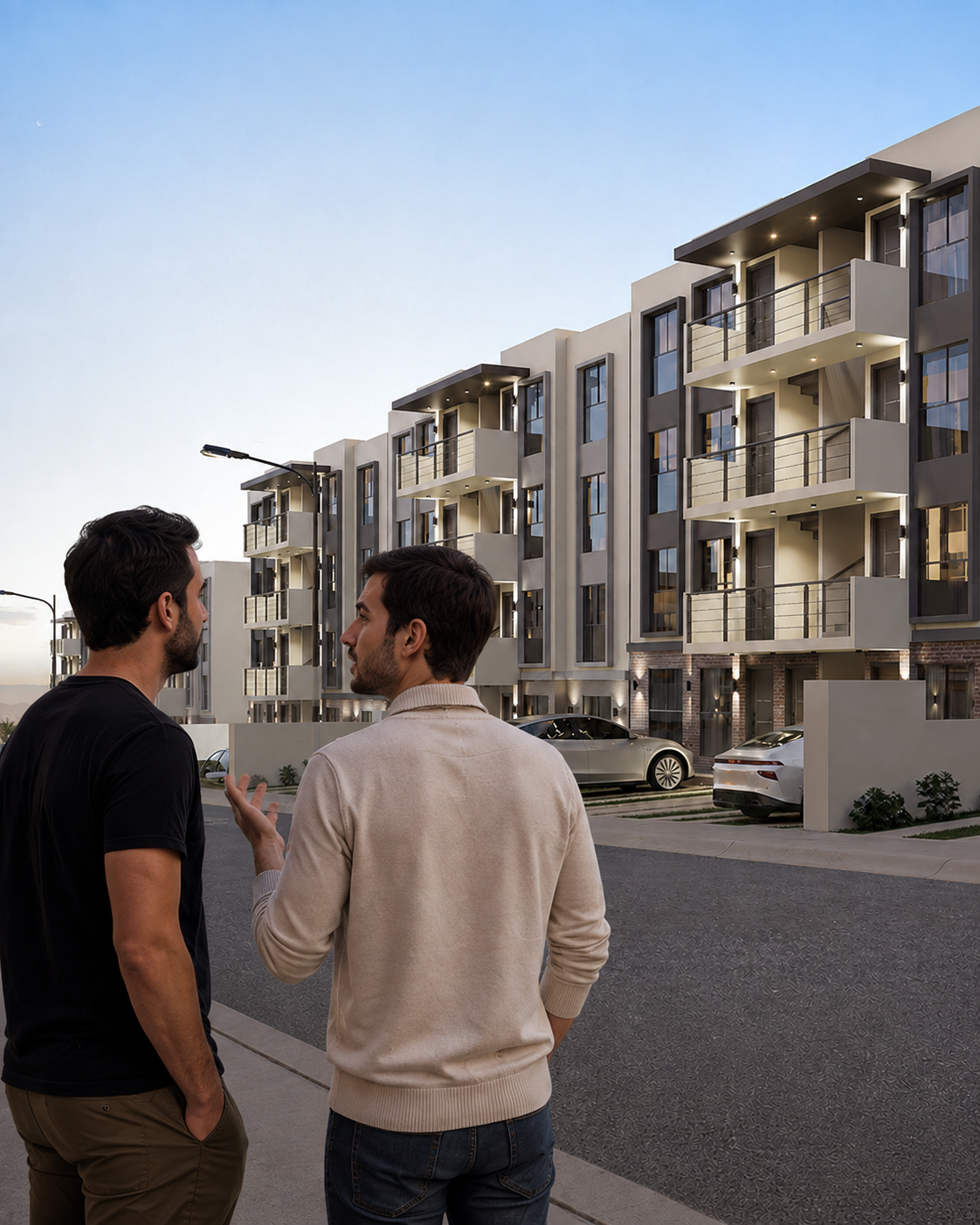 Pareja sonriendo frente a una casa moderna al atardecer
